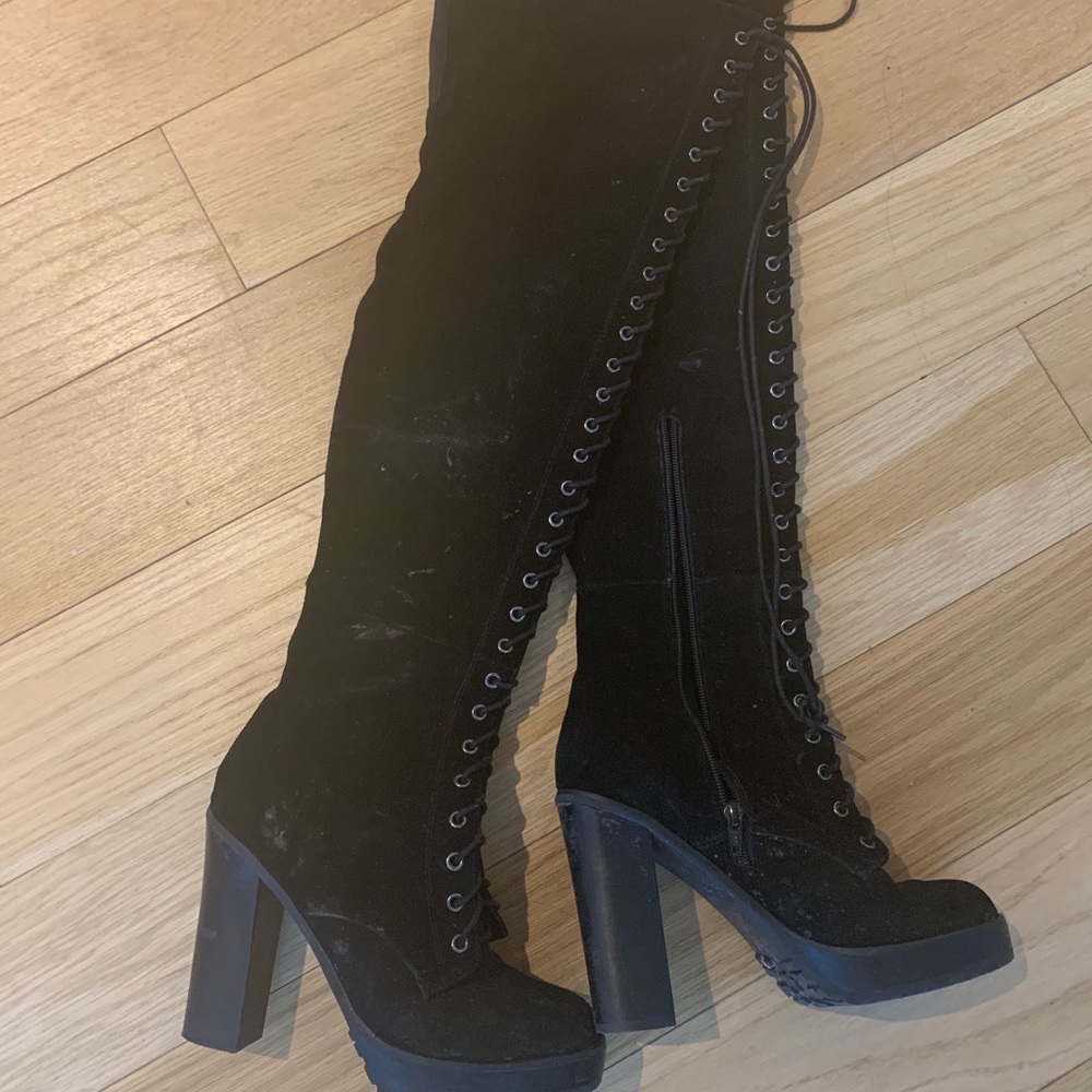 Aldo black suede lace up over the knee boots 39